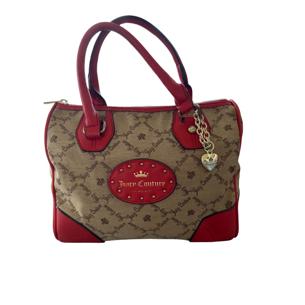 Juicy Couture Tan Red Logo Canvas Satchel Handbag Heart Charm Y2K Style - Picture 1 of 9